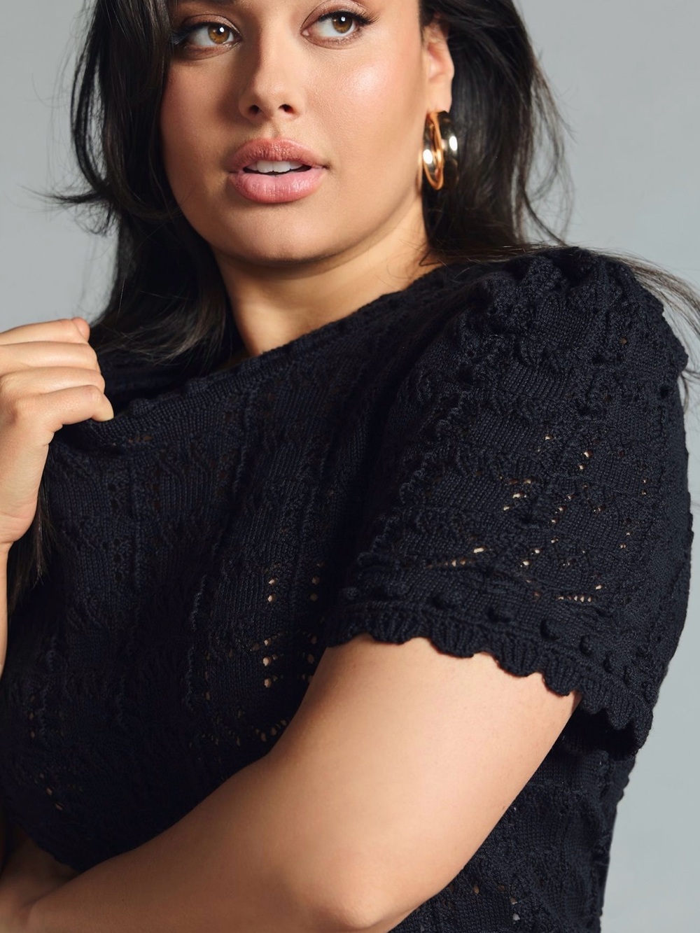 Anthropologie Black Crochet Knit Pointelle Sweater Short-Sleeve Tee (Orig $88) - Picture 2 of 4